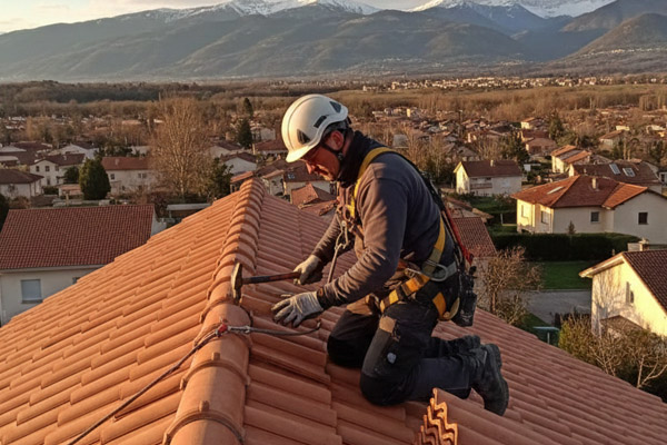 Artisan couvreur professionnel réalisant la pose et réfection de toiture sur un chantier