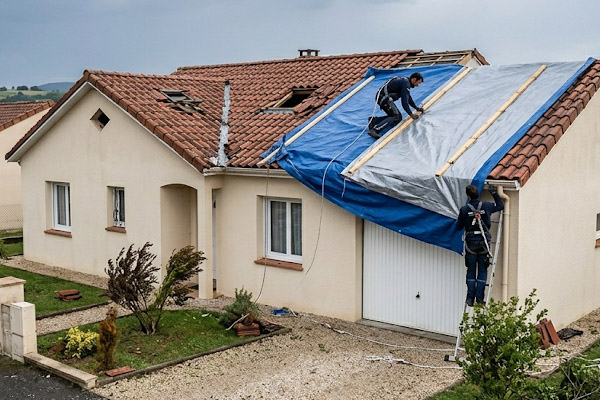 Mise en sécurité rapide et pose de bâche étanche sur une toiture endommagée par la tempête