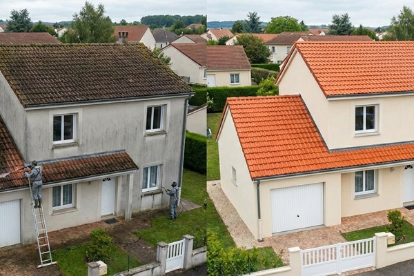 Technicien appliquant un produit de démoussage et nettoyage hydrofuge sur toiture