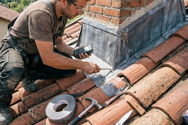 Artisan utilisant un outil technique de détection d'infiltration d'eau sur le toit
