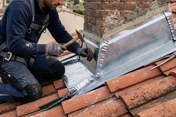 Façonnage d'un abergement de cheminée sur-mesure en zinc pour assurer l'étanchéité