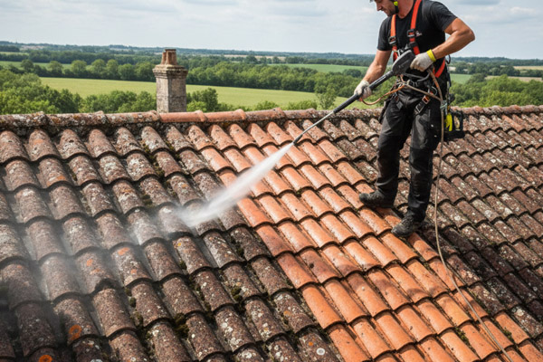 Traitement de démoussage et application d'un hydrofuge de toiture protecteur