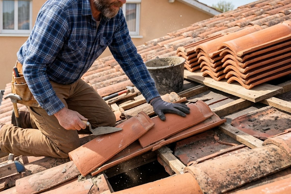 Couvreur professionnel posant des tuiles neuves sur la charpente d'un toit en rénovation