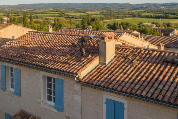 Chantier de rénovation complète de toiture avec tuiles neuves